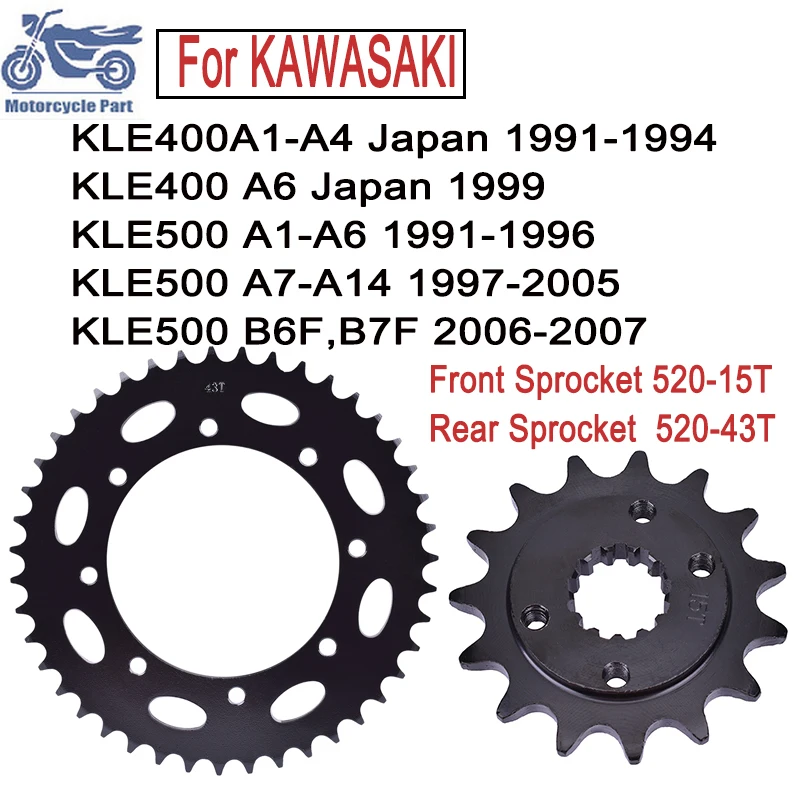 

Motorcycle Equipments & Parts Front Rear Sprocket 15T 43T-520 For KAWASAKI KLE 400 500 KLE400 1991-1994 KLE500 2006-2007