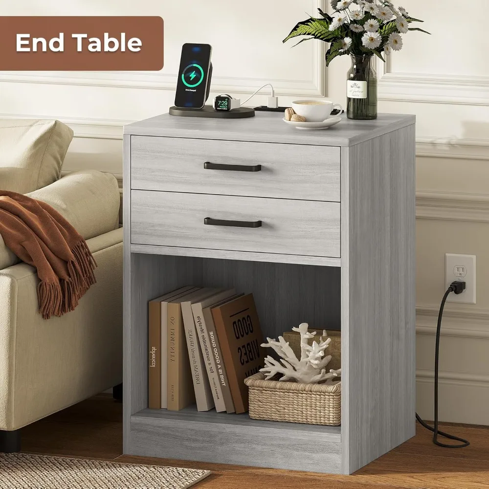 Nightstands Set of 2, Nightstand with Charging Station & Drawers,Night Stands