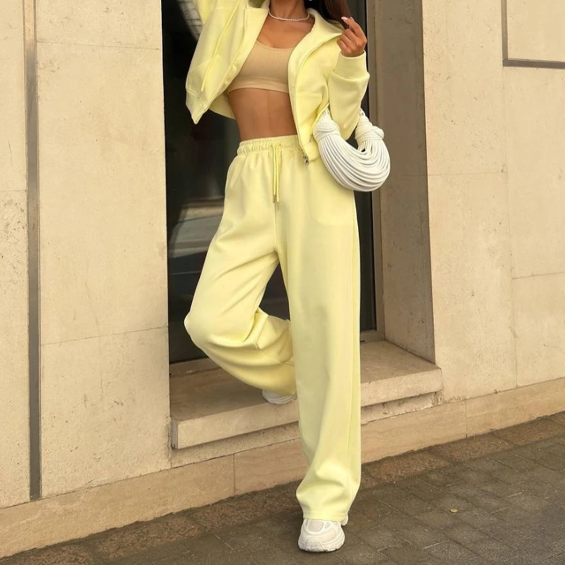 

Leisure Sports Suit Solid Color Long Sleeve Zipper Hooded Coat Lace-up Trousers Women's Two-piece Suit