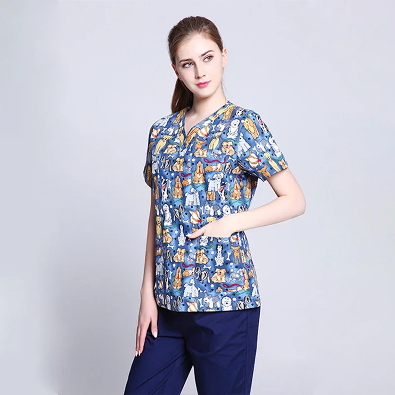 Uniformes de travail hospitaliers avec impression, vêtements de propor, chemisier médical à col en V, clinique dentaire, infirmière médicale, manches courtes