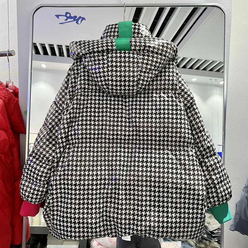 Plaid Hooded Women Puffer Jacket Casual Thicken Loose White Duck Down Winter Parkas Drawstring Long Sleeve Female Snowwear Coat