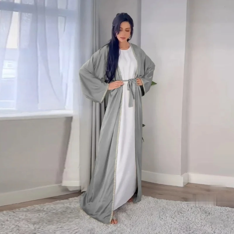 

Кимоно Abaya, атласное мусульманское платье с бриллиантами, открытое женское платье, верхняя одежда, мусульманская скромная одежда, кафтан для женщин