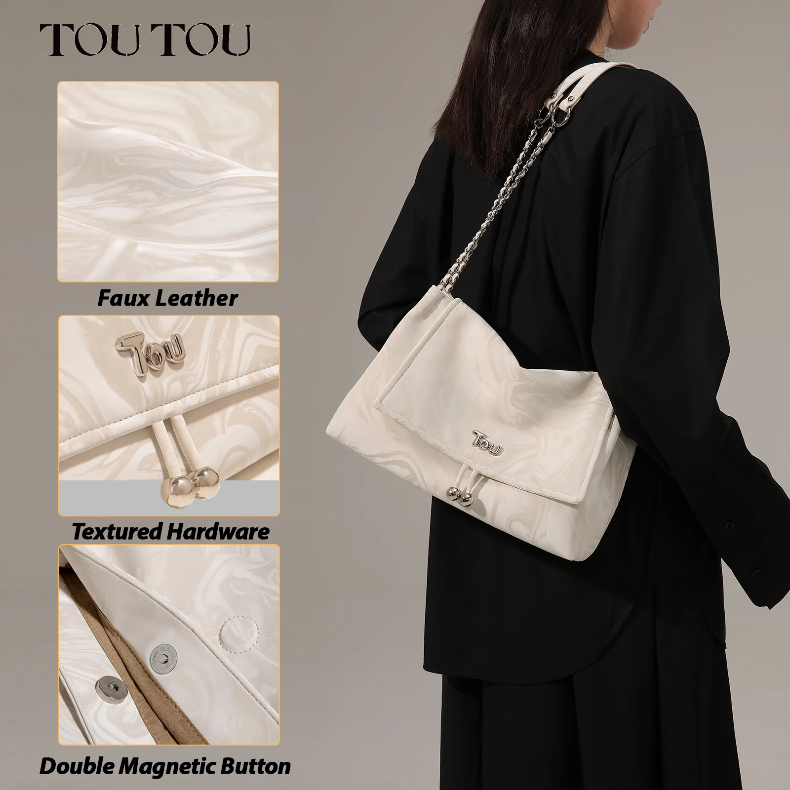 TOUTOU Women Tote Bag for Cosmetics Storage Fashion PU Leather Underarm One Shoulder Crossbody Female Handbag Original Designer