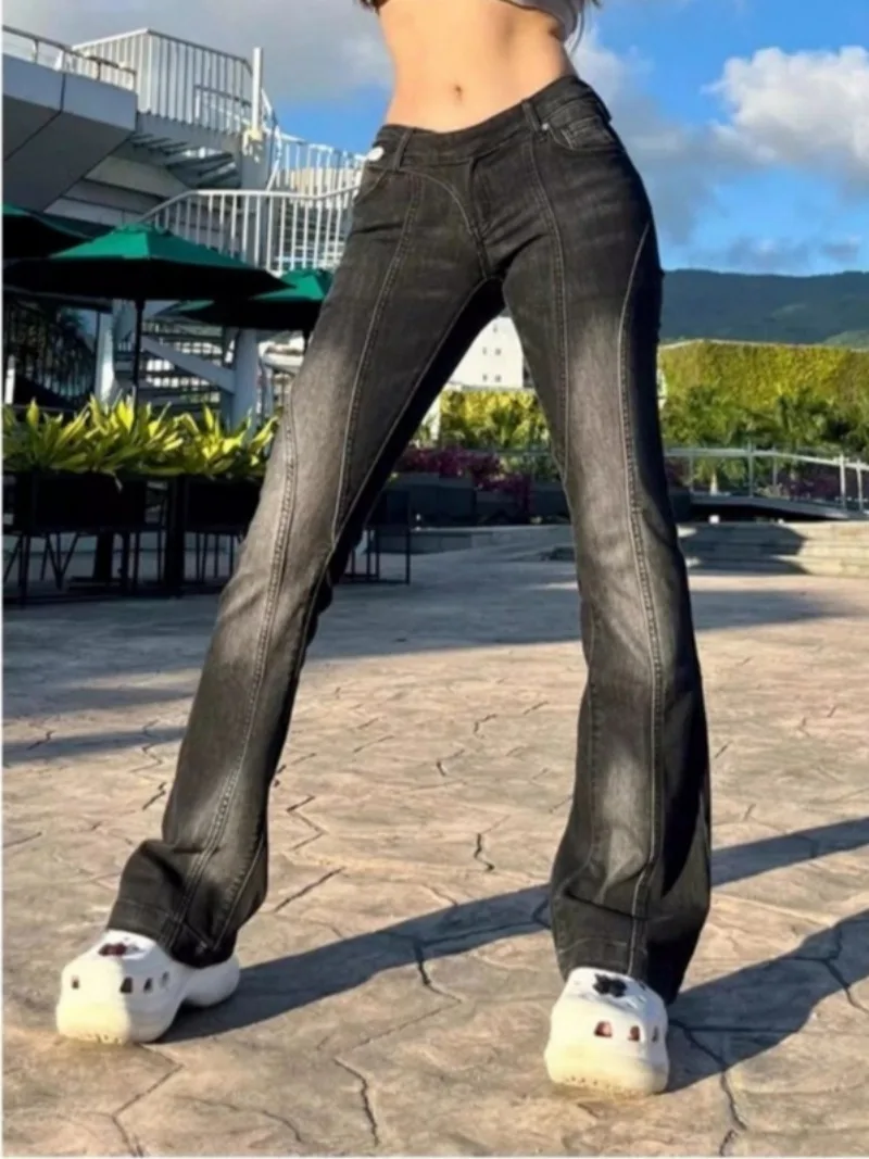 Low Rise Jeans Gyaru Denim Full Length Pants for Woman Skinny Flared Jeans Gyaru 2000s Clothes Kpop Streetwear Alt Clothing