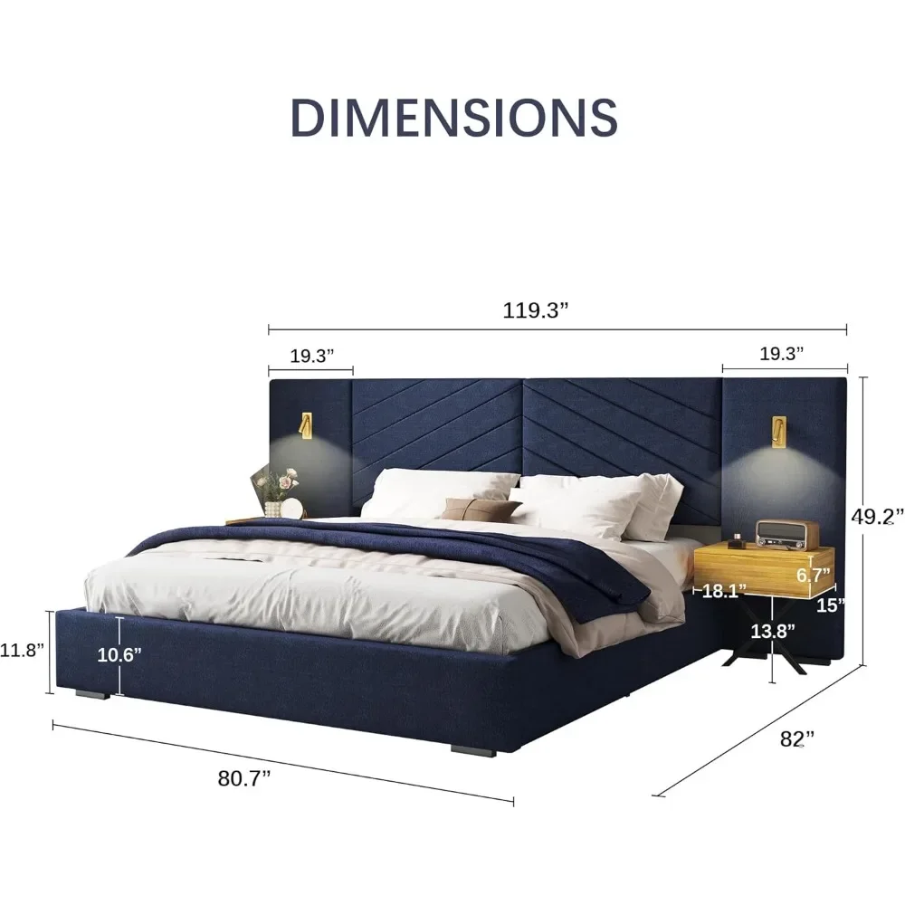 Luxury Bed Frame with Built-in Gold LED Lights and Nightstands, King Size Platform Bed with Oversize Upholstered Headboard