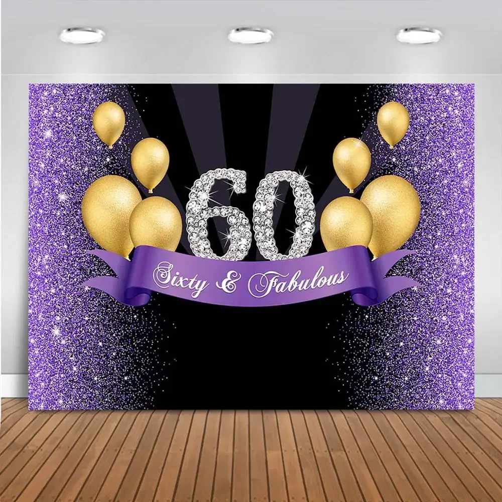 Sixty Birthday Backdrop for Women Purple and Black Background Gold Balloon 60th Birthday Decoration