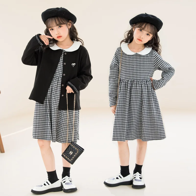 

2024 Autumn Plaid Girls Long Sleeve Dresses Black Fashion Girl Cardigan Children Casual Two Piece Set Teenager Boutique Vestidos