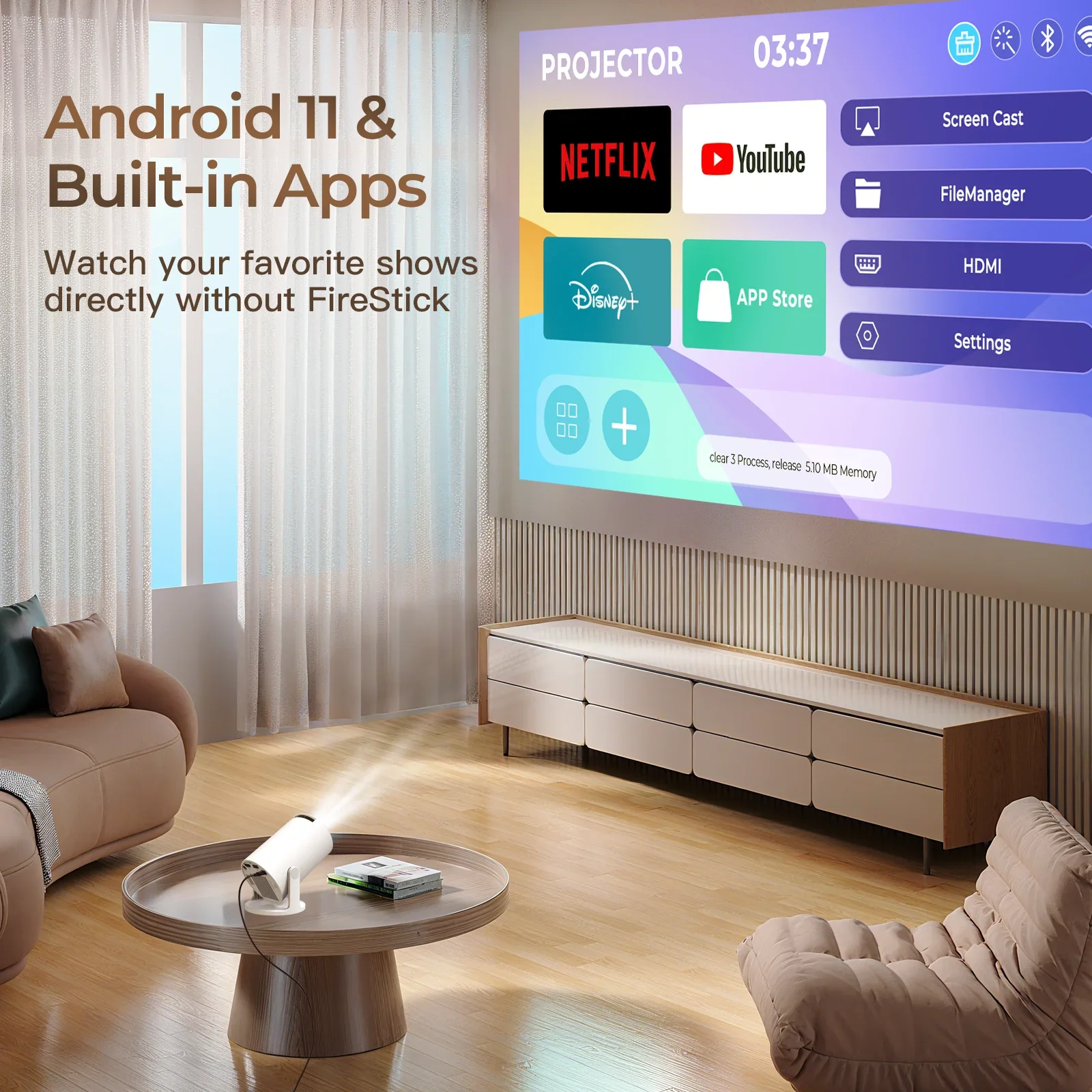 Projetor doméstico inteligente 1080P HDR10 com Android TV Stick, projetor Bluetooth WiFi portátil compatível com 4K para Netflix e YouTube