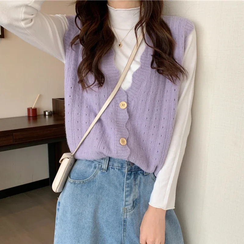 Gentle Solid Sweater Vests Women Candy Wave Single Breasted Classic Simple Knit V-neck Sweaters Cardigan Females Chic Sleeveless