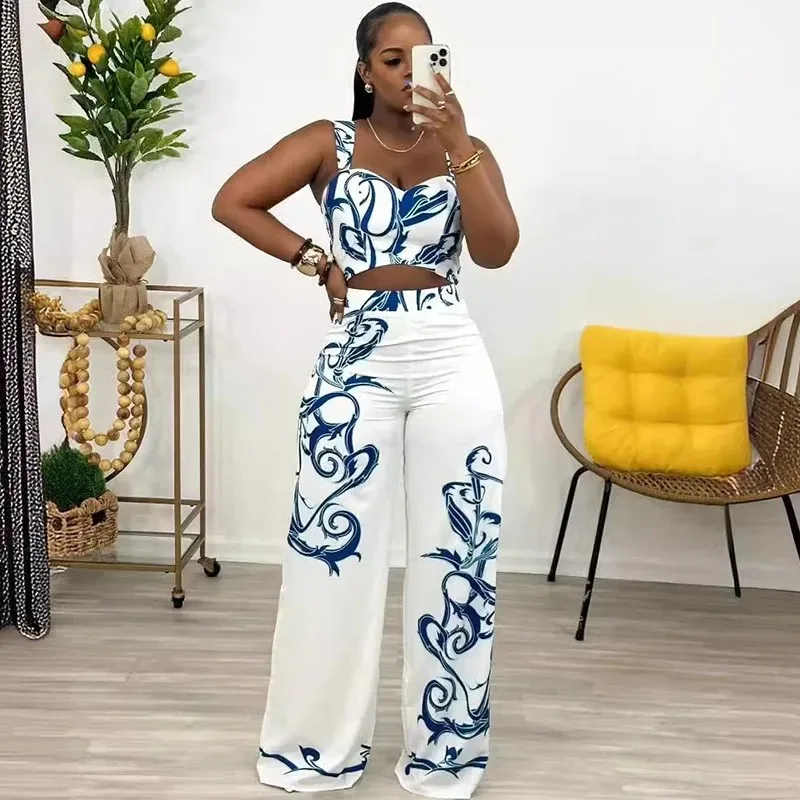 Sexy Party Club Two Piece Set for Woman Y2K Clothes Elegant Vintage Print Crop Top and Wide Leg Pants Matching Sets Outfits