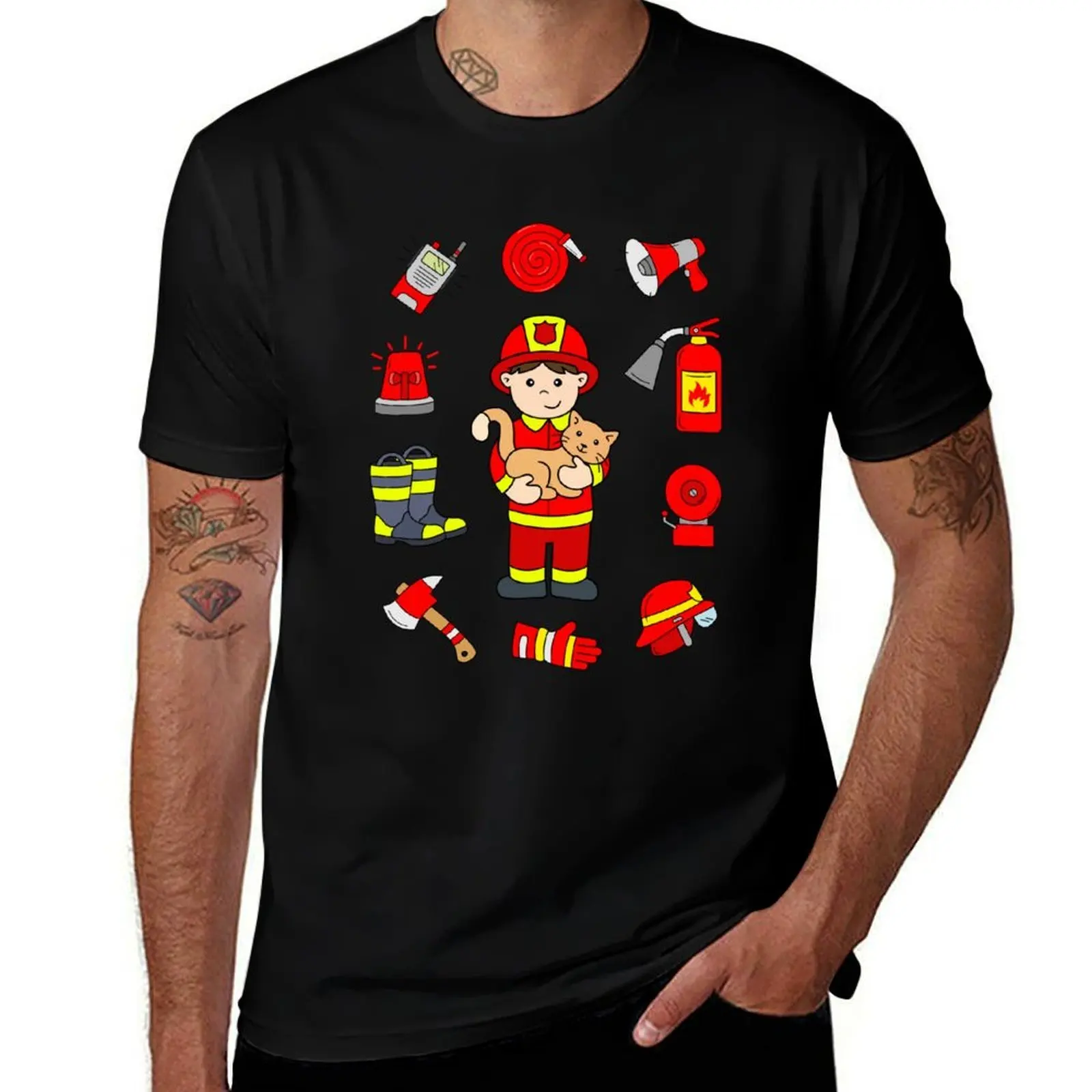 

Boy as Fireman with Cat and Firefighter Accessories T-Shirt t shirt man casual man t shirt graphic T-Shirt