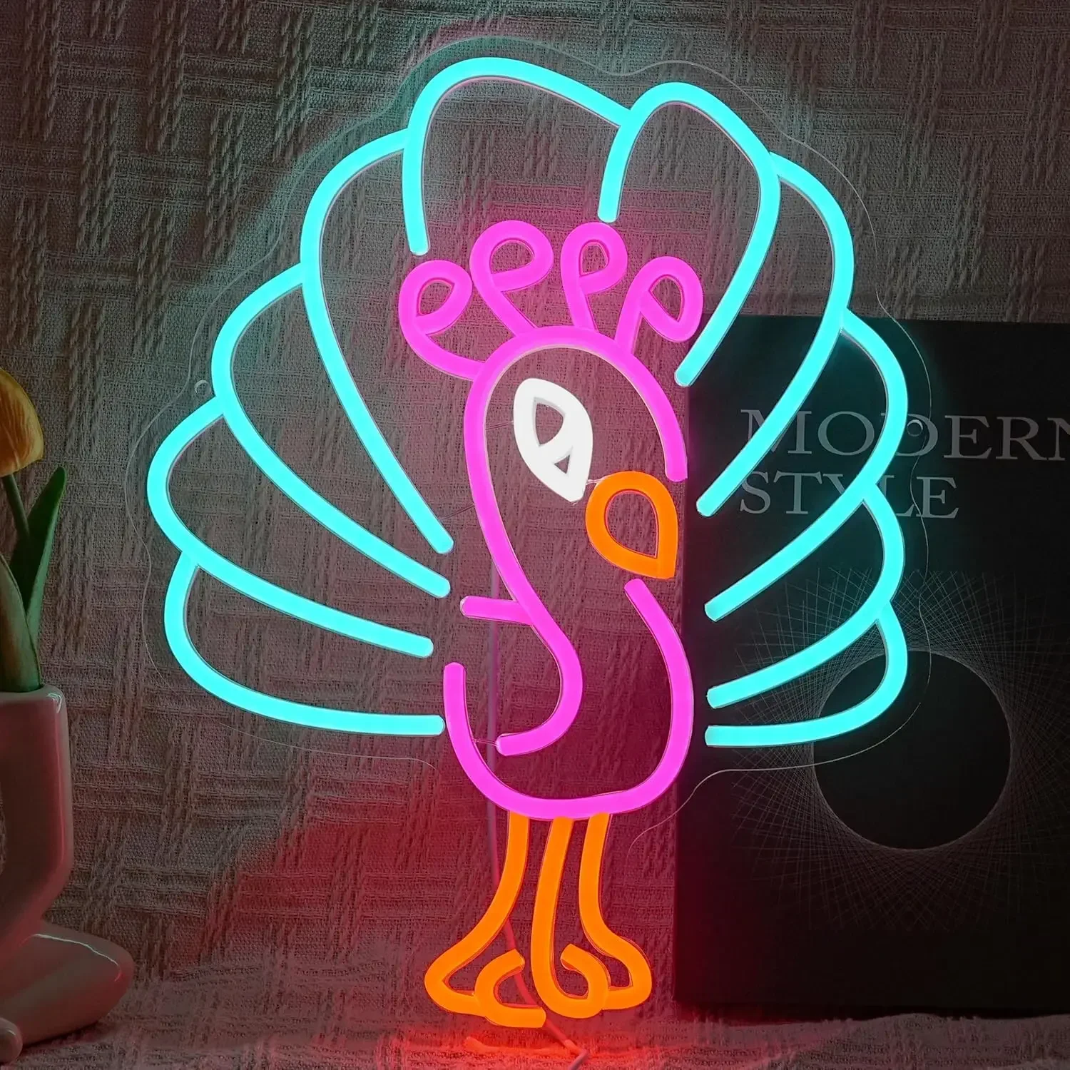 Colorful Peacock Neon Sign Cyan Pink Orange LED Wall Art USB Powered Modern Cafe Bedroom Party Home Decoration Hanging Light
