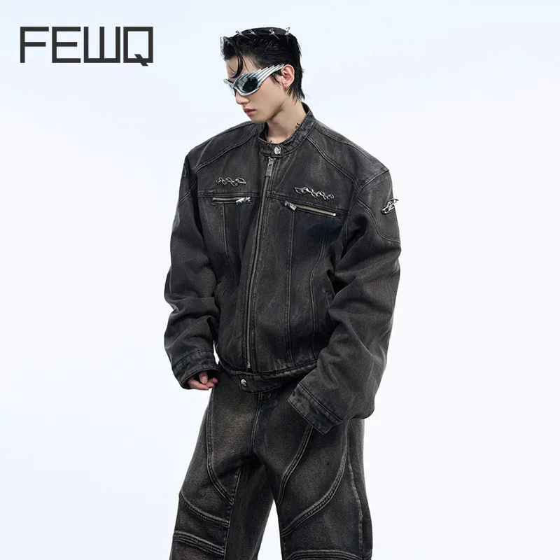 FEWQ Autumn Winter Niche Vintage Short Denim Jacket Thick Cotton Metal Design 2024 Solid Coolor Male Set High Street 24E5190