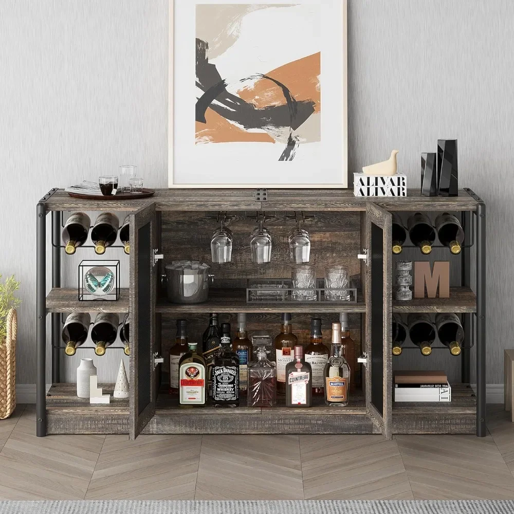 Wine Bar Cabinet – Industrial Liquor Cabinet with Storage and Wine Rack–Elegant and Practical Dark Oak Color Home Bar Furniture