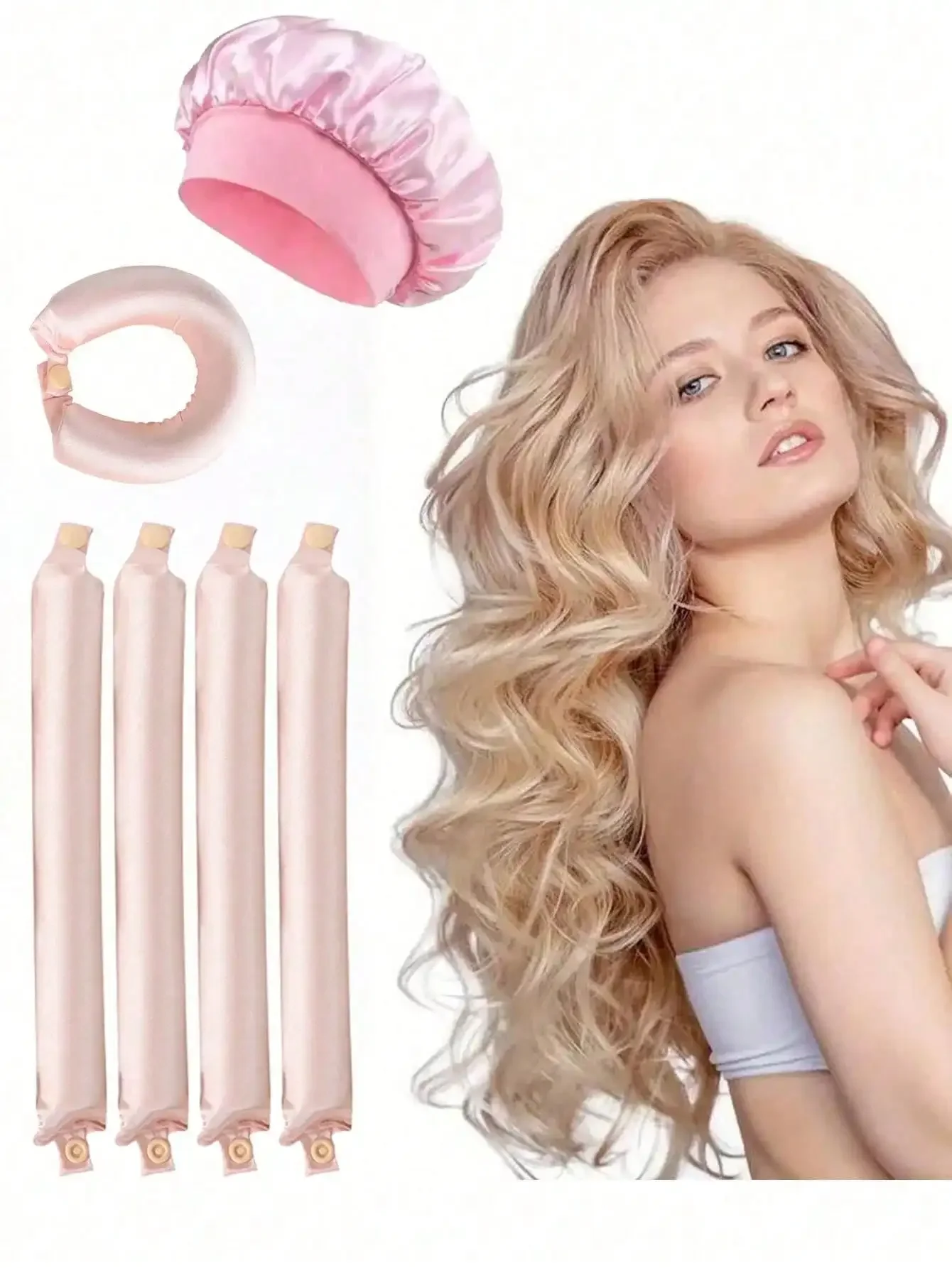 

4pcs Soft Pink No-Heat Curling Rods, Slouchy Hair Curler, Silk Hair Rollers, Elastic Headband, Long Hair Soft Curling Tools, Man