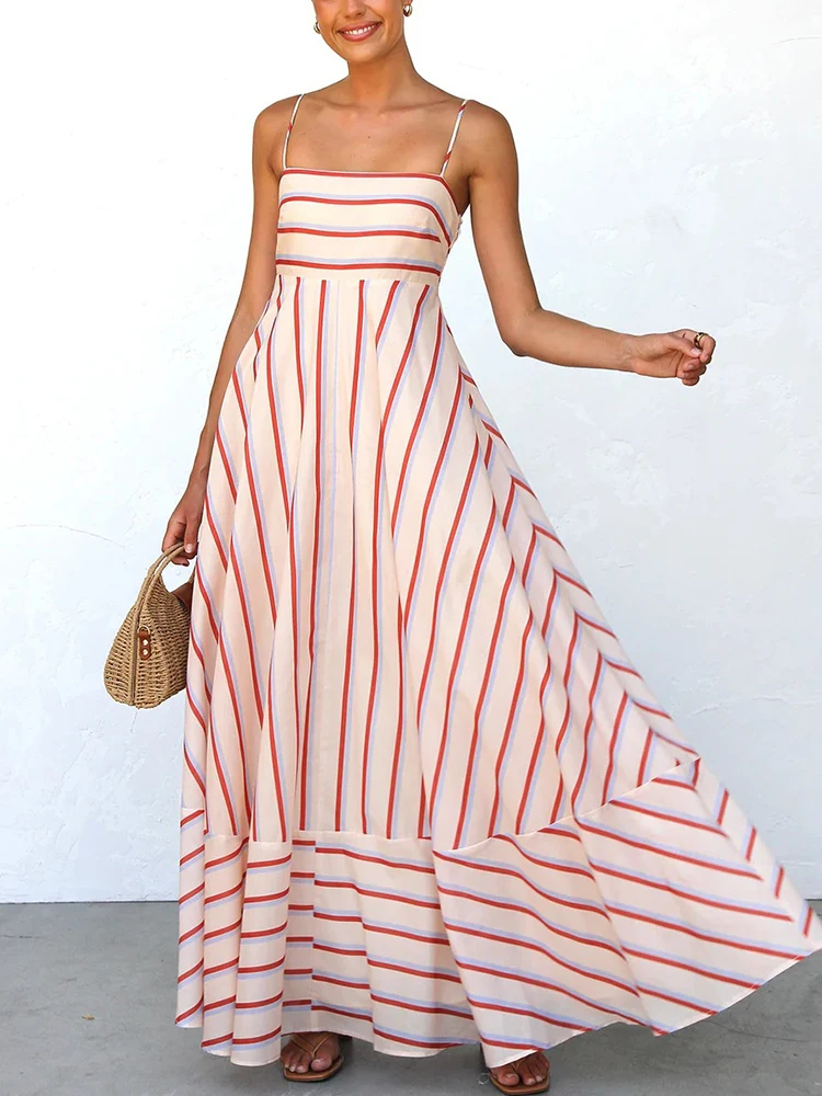 

Элегантное летнее платье макси без рукавов с открытыми плечами, плиссированное, с завышенной талией, повседневное, в полоску, с принтом, на бретельках, для вечеринок