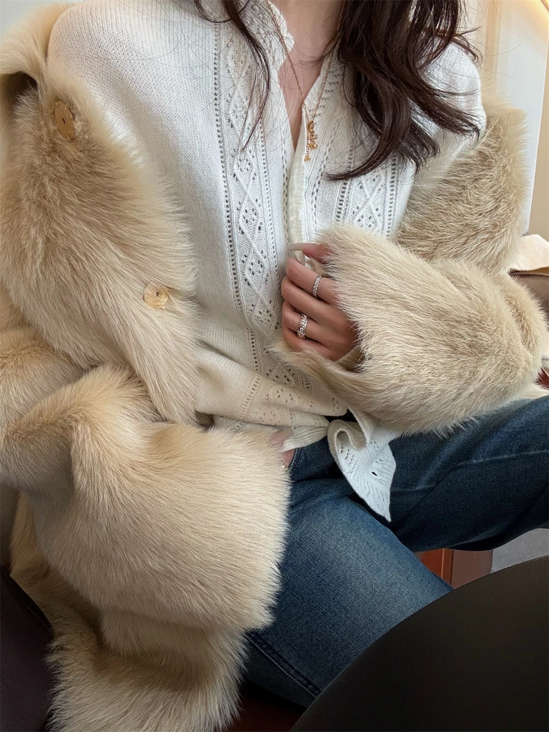 

Retro Lace Collar Two-Tone Knitted Open Cardigan Sweater by INE Blogger Exclusive Loose Fit Woolen Long Sve Winter Wear