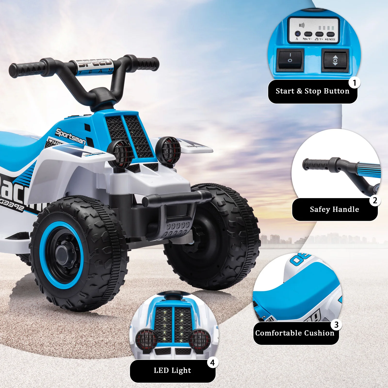 6V Kids Ride-on ATV, Rechargeable Battery-Powered Toy Car with Forward/Reverse, 1.5 MPH, 55 Lbs Weight Capacity, for Ages 3 +