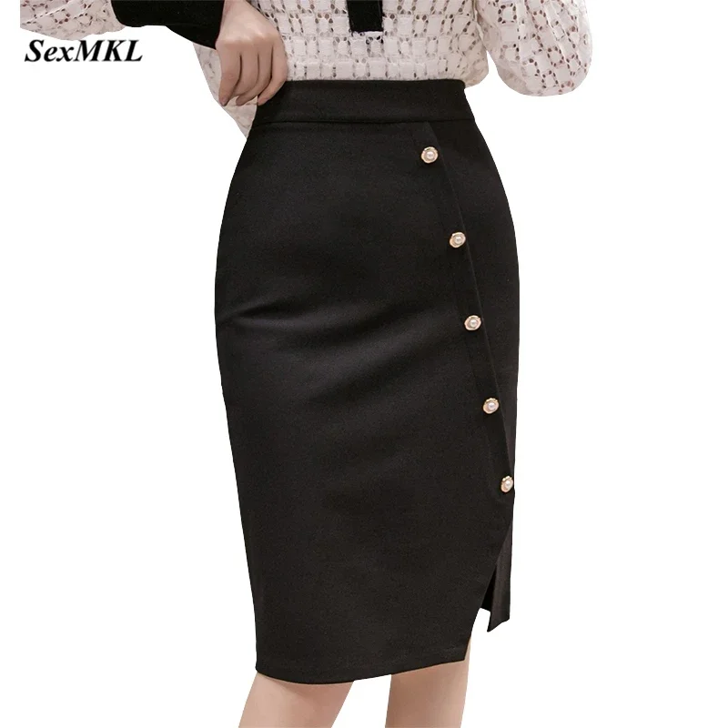 

Women Button Black Office Skirts 2024 Korean Fashion Clothing Casual Bodycon Pencil Skirt High Waist Elegant Sexy Mujer Faldas