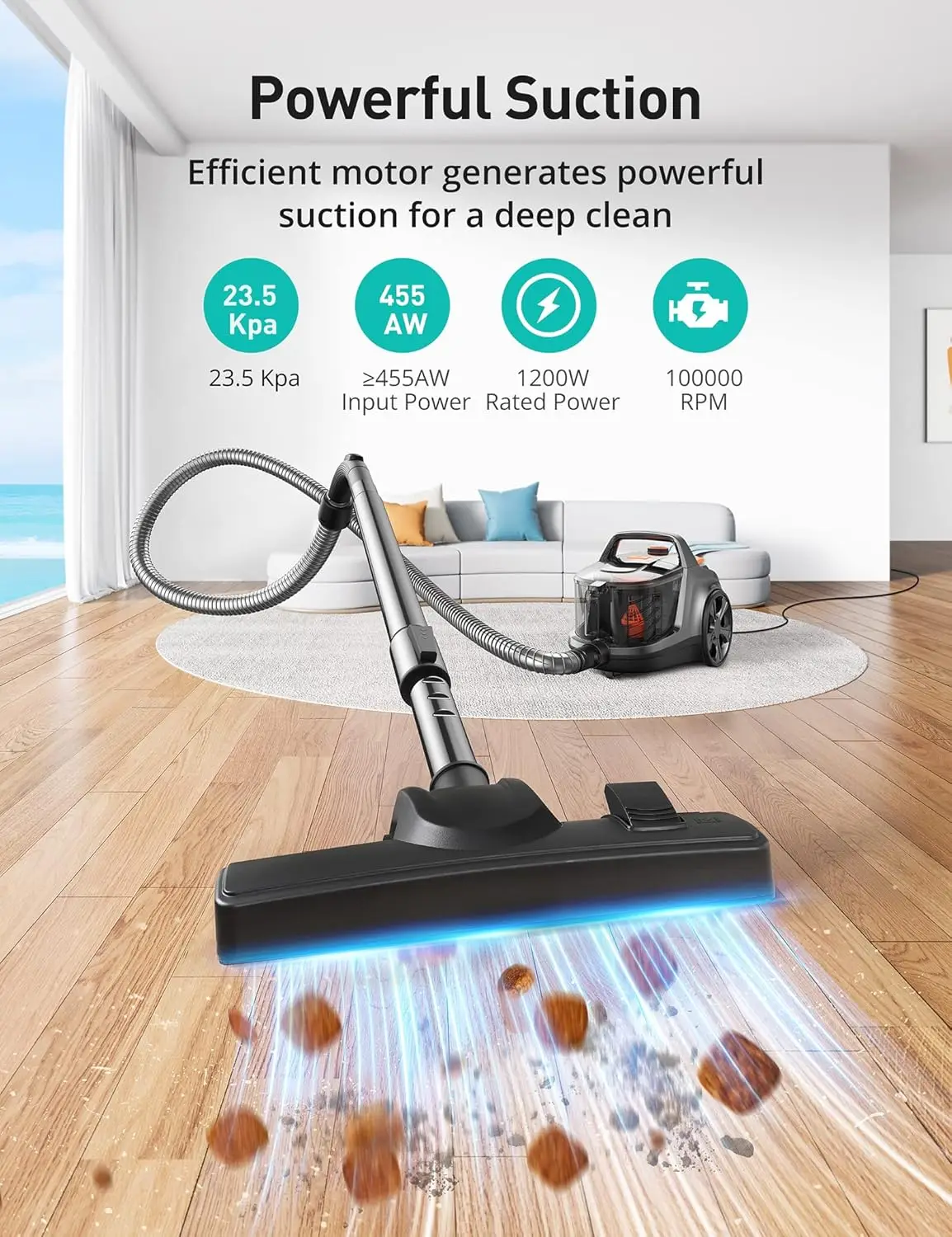 Aspiron Canister Vacuum Cleaner, 1200W Lightweight Bagless Vacuum Cleaner, 3.7QT Capacity, Automatic Cord Rewind, HEPA Filter