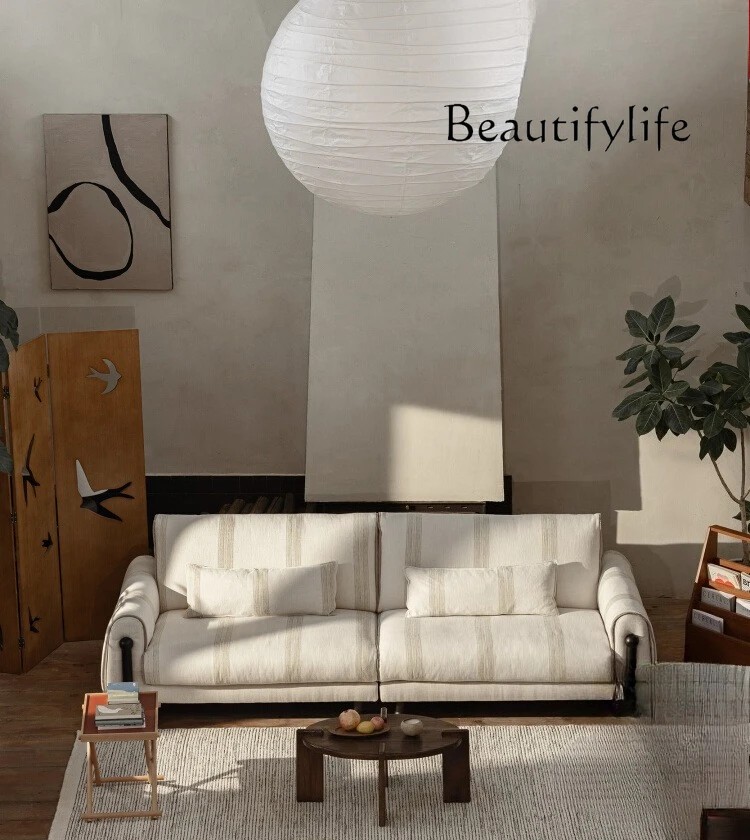 

Sofa simple striped fabric French retro living room solid wood removable and washable linen straight sofa