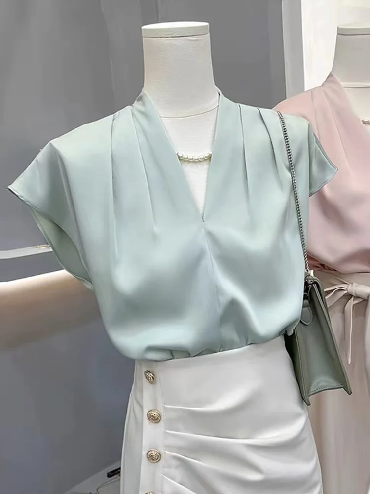 2025 verão novas senhoras blusas finas chiffon com decote em v cor sólida topos casuais moda coreana roupas simples para mulheres camisa popular