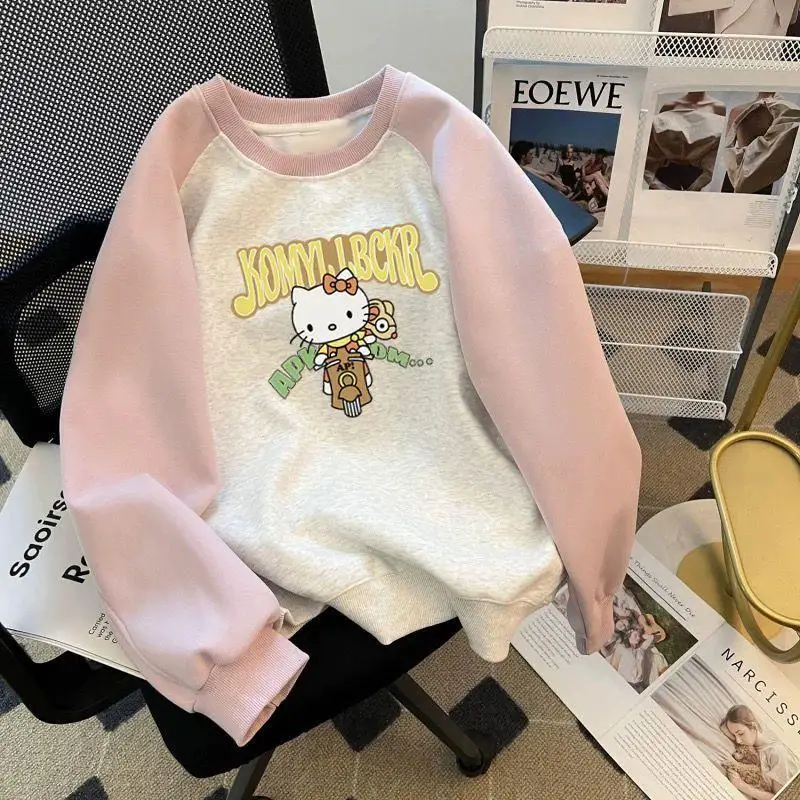 Kawaii Sanrios Hellokitty Hooded Sweatshirt ผู้หญิงเสื้อการ์ตูนพิมพ์ฤดูใบไม้ร่วงและฤดูหนาวกํามะหยี่หนาคู่สวมใส่สบายๆ