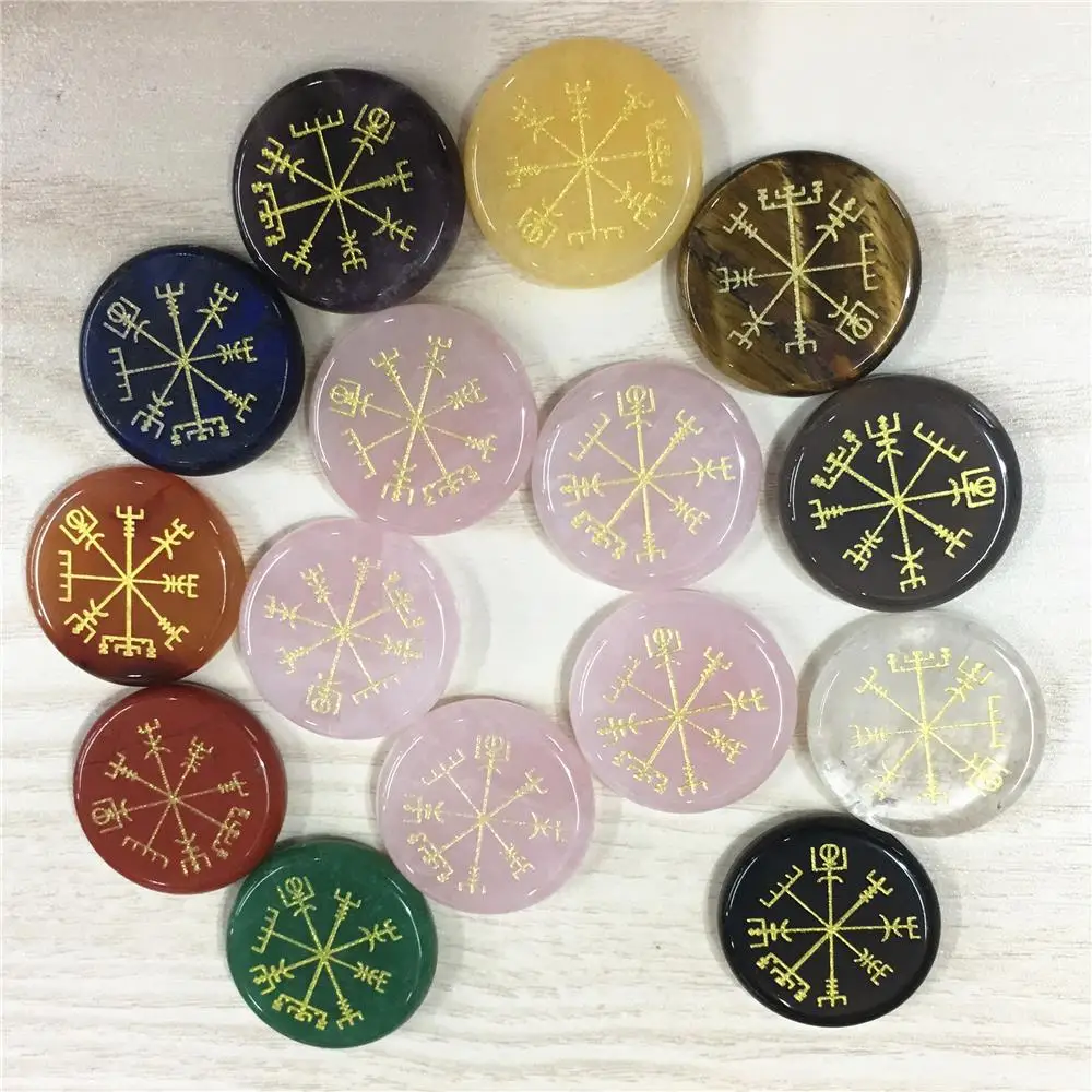 

Hot Round Natural Agates Lapis Lazuli Palm Stone Vegvisir Viking Compass Rune Guardian Symbols Reiki Healing Crystals Wholesale