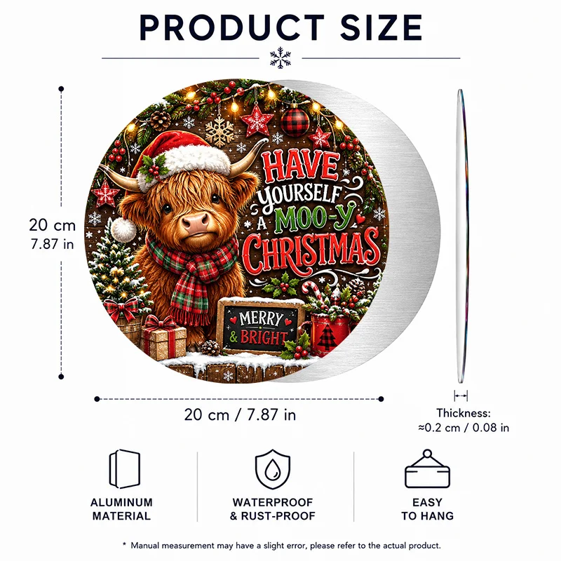 Round Metal Sign Have Yourself A Moo-y Christmas Highland Cow Plaid Scarf Christmas Pattern Aluminum Plaque Printed