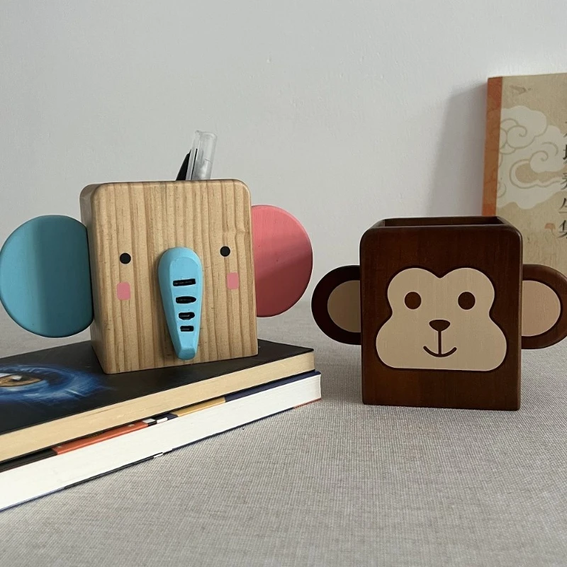 Cute Solid Wood Pen Holder Elephant Monkey Pen Holder Office Desk Stationery Storage Box Children Gifts Office Desk Accessories