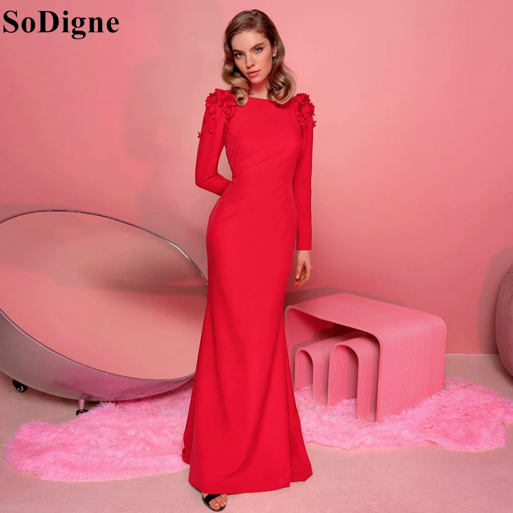 

SoDigne Red Mermaid Evening Dresses Floral Appliques O-Neck Long Sleeves Backless Party Dress 2024 Formal Prom Gowns for Women