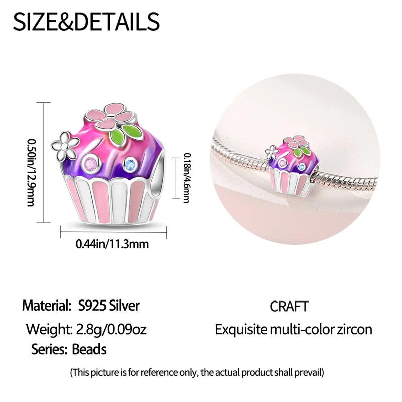 Boutique 925 Sterling Silver Pink Paper Cup Flower Cake Charm Fit DIY Bracelet Necklace Women's Confession Jewelry Gift