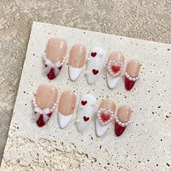 Handmade Press on Nails Red French Almond Fake Nails with Clear Bow Pearl Design Full Cover Wearable False Nail Patches for Girl