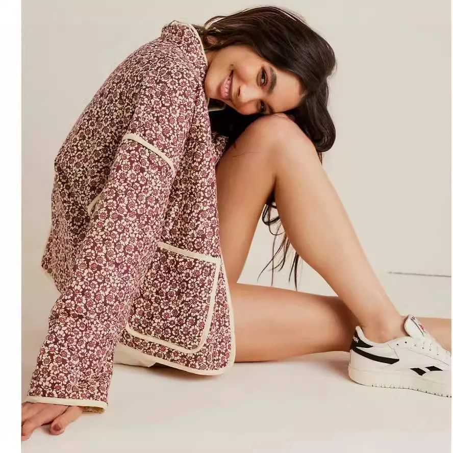 Chaqueta de mujer зимняя куртка женская осенняя с цветочным принтом тонкий карманный кардиган с украшением хлопковое пальто женский топ