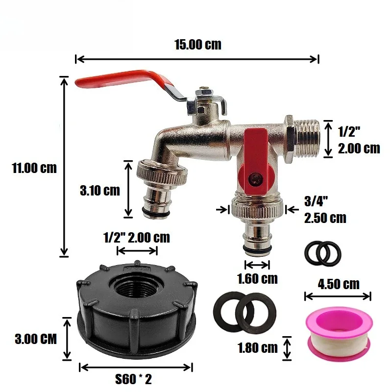 Outdoor Zinc Alloy Bibcock 1/2'' 3/4'' Tap Key Dual Nipple Water Splitter Connector 2 Outlet Garden Faucet Red