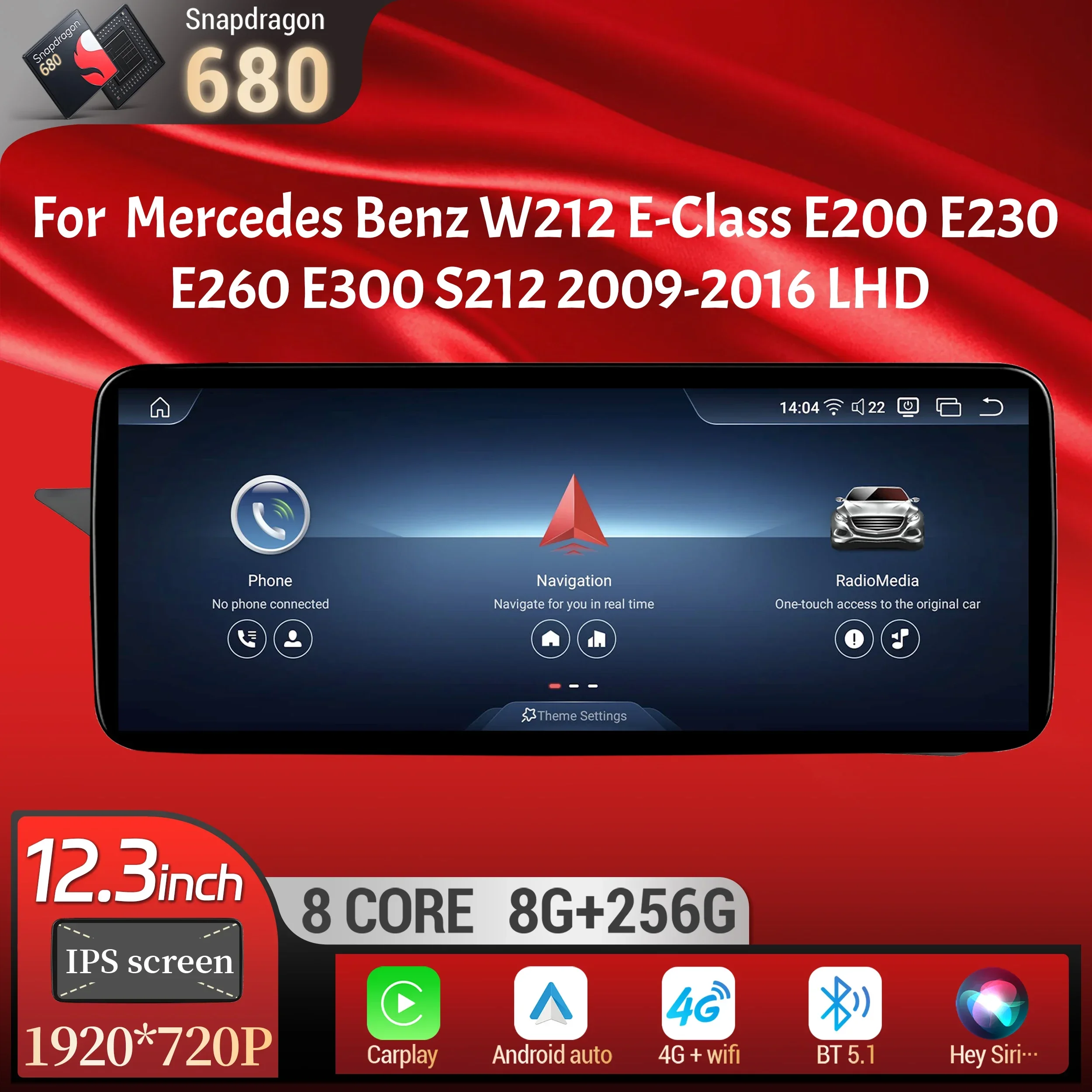 12.3"LHD Car Radio For Mercedes Benz W212 E-Class E200 E230 E260 E300 S212 2009-2016 Android 13 BT Carplay Snapdragon 680 Screen