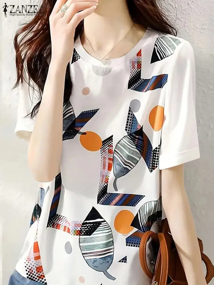 ZABZEA Women Casual Loose Geometry Printed Blouse 2024 Summer Short Sleeve Shirts Round Neck Tops Tunic Fashion Simple Blusas