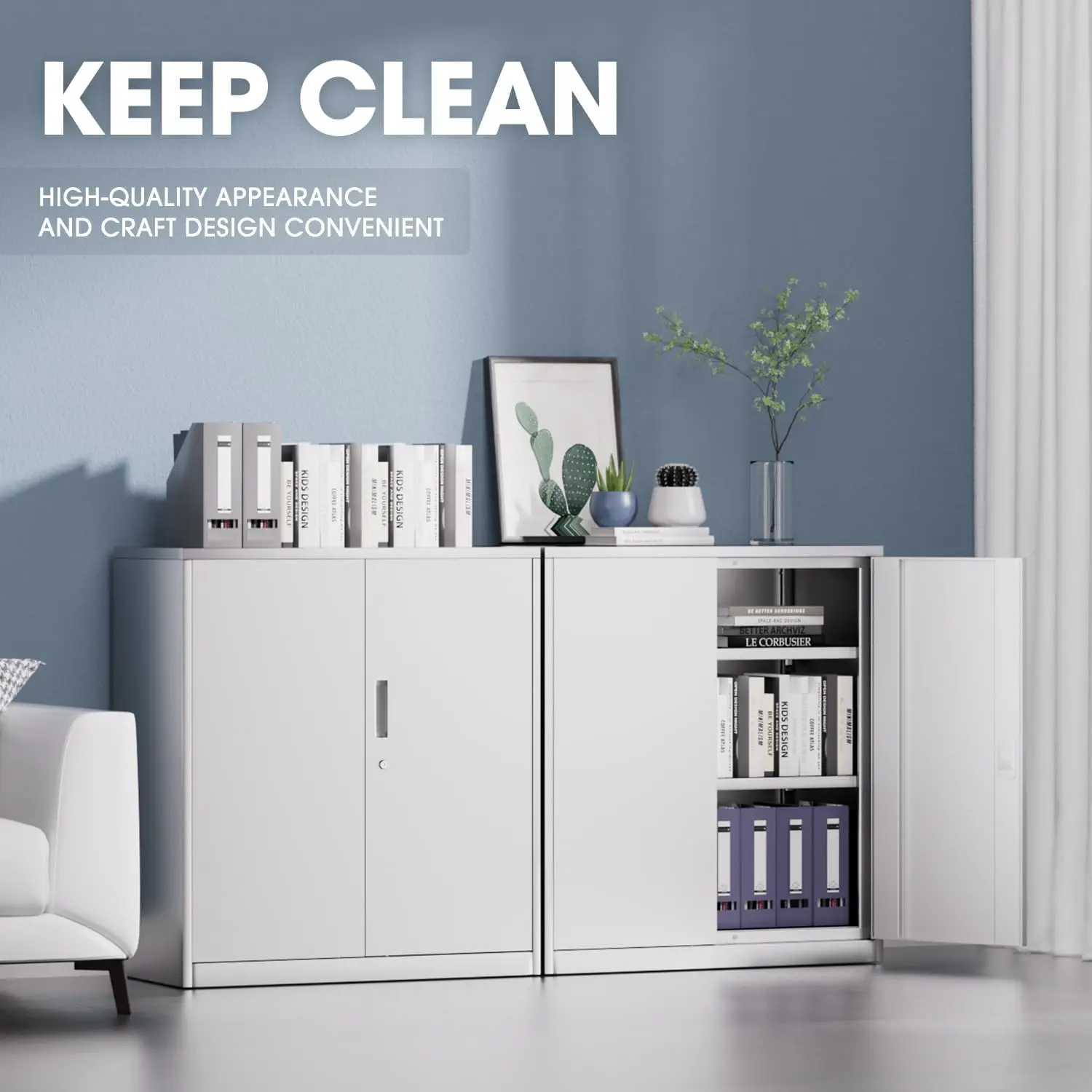 #￥forModern Heavy Duty White Metal Storage Filing Cabinet 36'' Locking 2-Door 2-Adjustable Shelf for Garage Home Gym & Kitchen view 4