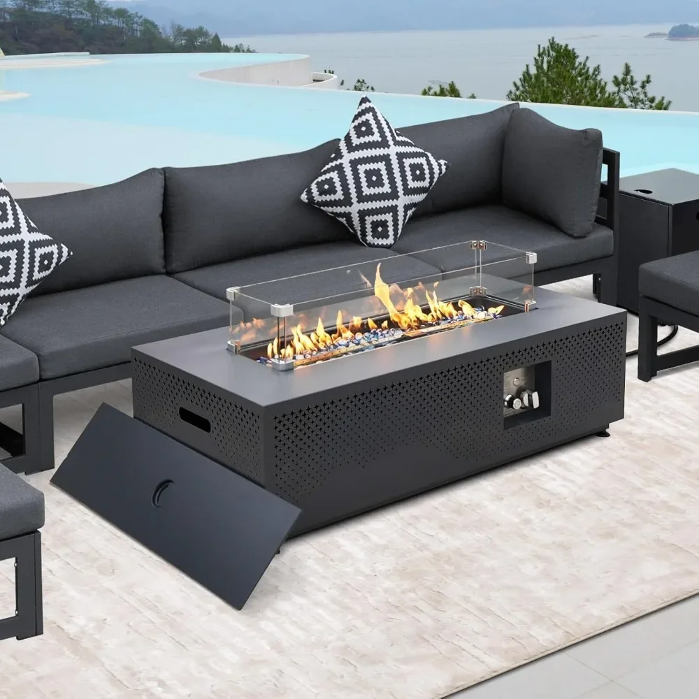 

42'' Propane/Natural Gas Fire Pit Table - Rectangle Firepit with Tank Storage, 50000 BTU Modern Outdoor Fireplace with LED