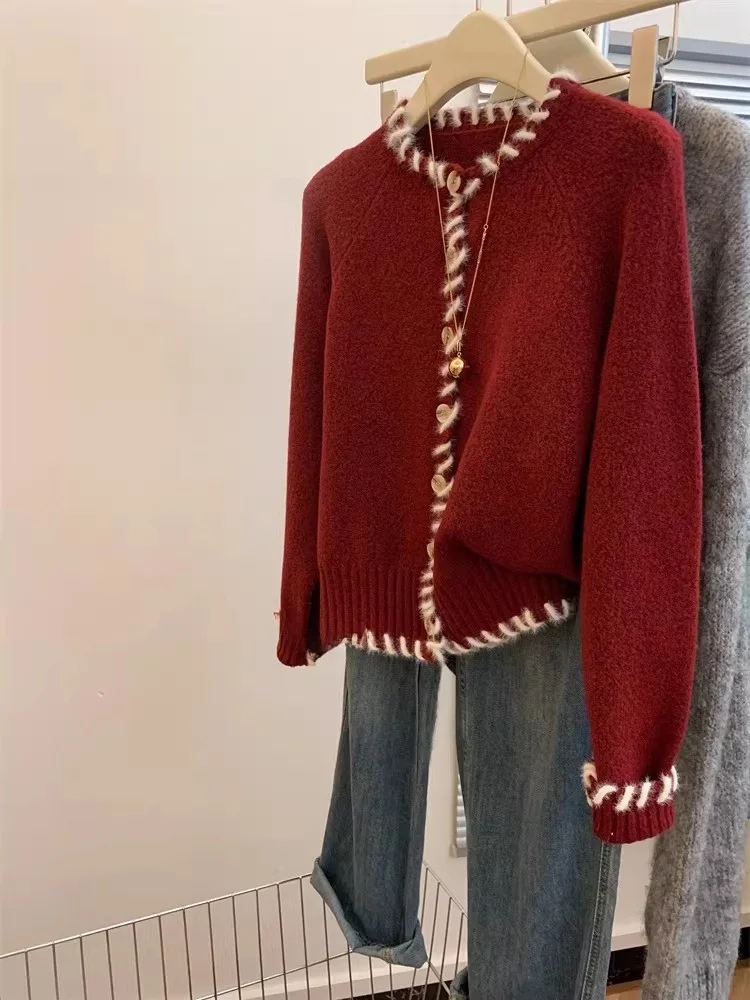 

Красное вязаное пальто с одной пуговицей для женщин: элегантное, утепленное, с длинными рукавами, круглым вырезом, для повседневной носки, верхняя одежда, свитер-жакет