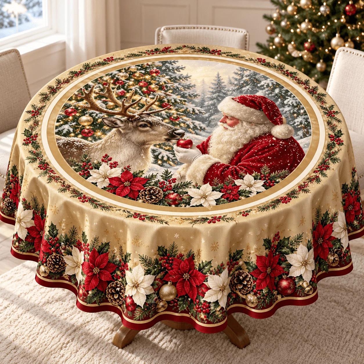 1 round tablecloth for a Christmas atmosphere! Santa and reindeer print with champagne gold base color