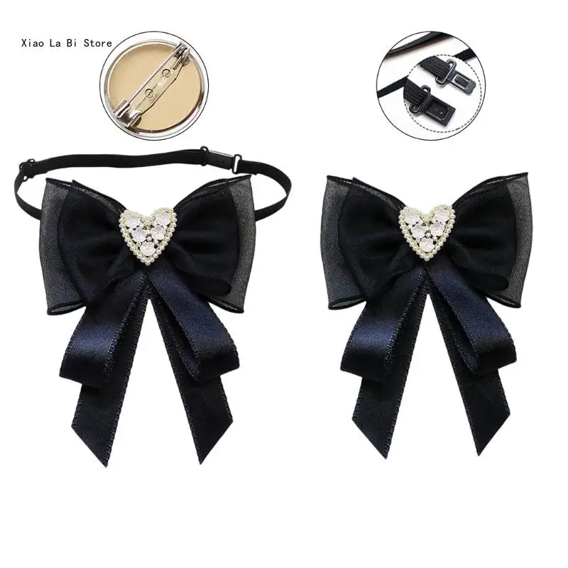 Women Girl Elegant Lace Ribbon Bowtie Brooch Pin Student Shirt Jabot Collar Rhinestones Jewelry Pre-Tied Bowknot Necktie XXFD