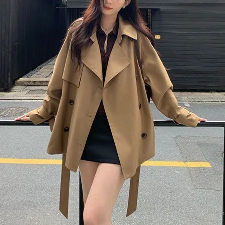 

New 2025 High-End Turn-Down Collar Short Trench Coat for Women, Autumn Loose-Fit Double-Breasted Jacket
