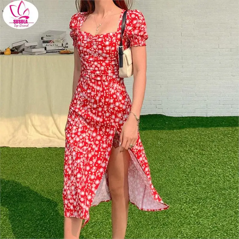 Women Summer Vintage Party Dress Lady France Style Puff Sleeve Floral Print Square Collar Side Split Midi Dress Vestido Lady y2k