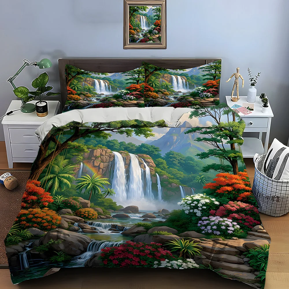Wasserfall-Regenbogen-Wald-Garten-Druck, weicher, bequemer Bettbezug, Bettwäsche-Set, inklusive 1 x Bettbezug, 2 x Kissenbezüge als Geschenk