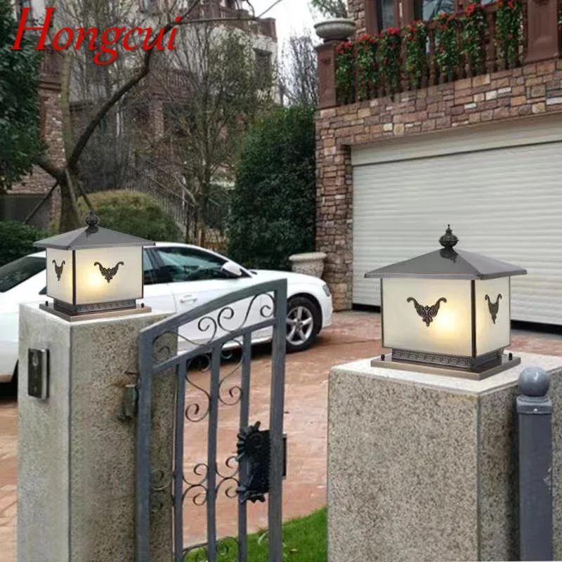 Hongcui Outdoor Electricity Post Lamp Vintage Creative Chinese Brass  Pillar Light LED Waterproof IP65 for Home Villa Courtyard