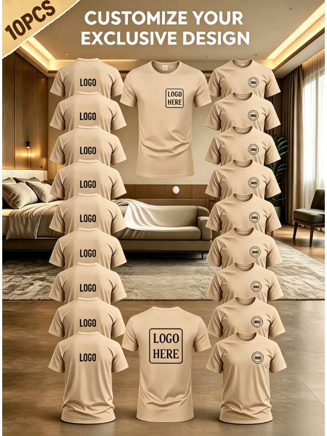 Casual round neck T-shirt, customized 10 piece set, chest/back can DIY patterns, copy, can be used as team building clothing