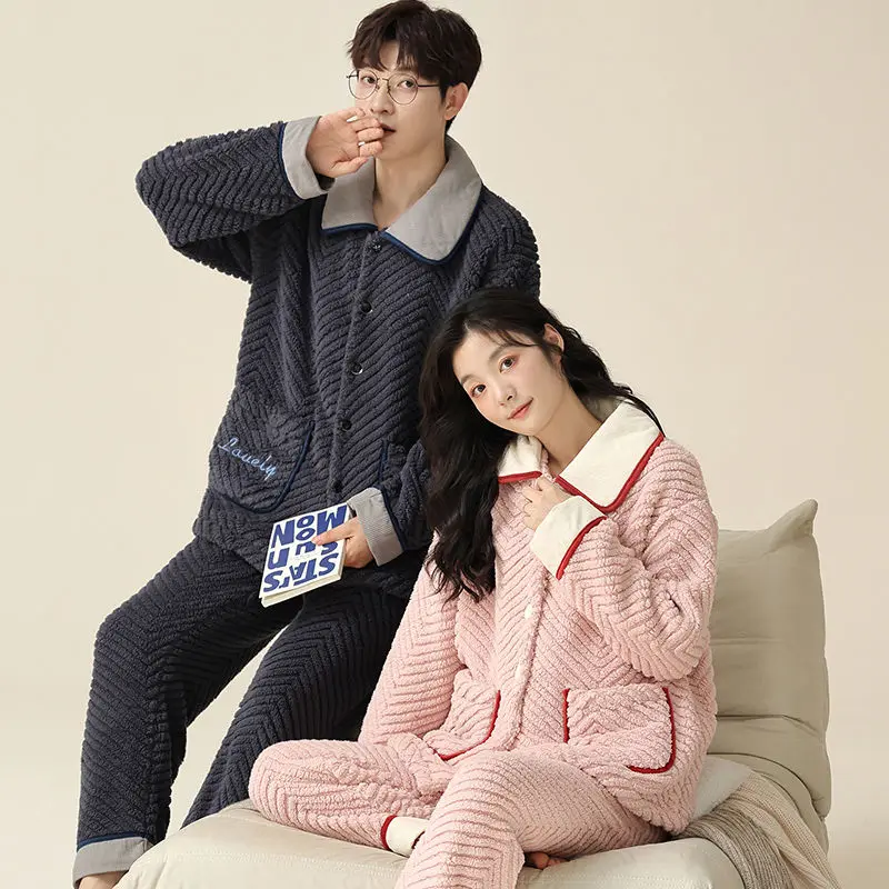 

Women's autumn and Winter Coral Velvet Thickened Warm Lapel Flannel Men's Homewear Set Lovebird Pajama Sets Couple Sleepwear