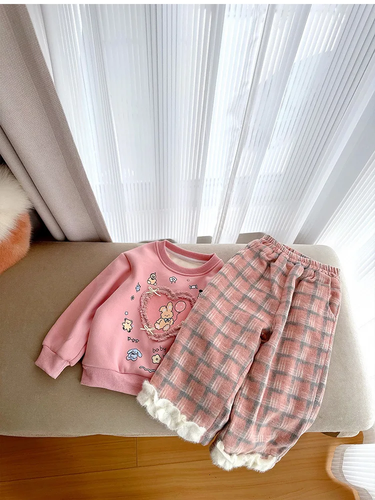 Girls Alpaca Fleece/Fiber Corduroy Plaid Pants24Winter New Baby Net Red Warm Thickened Casual Pants Pants