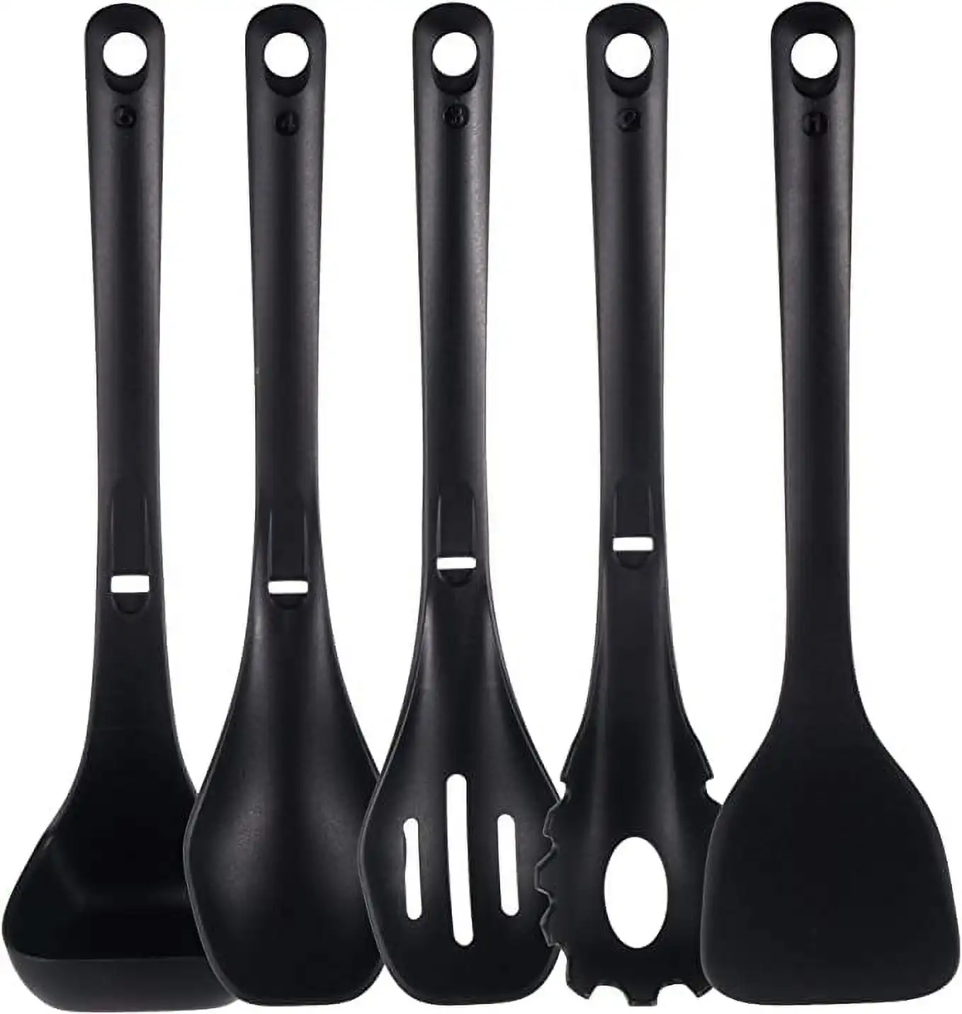 

NutriChef Cooking Utensils Set - Spatula, Pasta Fork, Solid Spoon, Slotted Spoon & Tool Seat (Black)